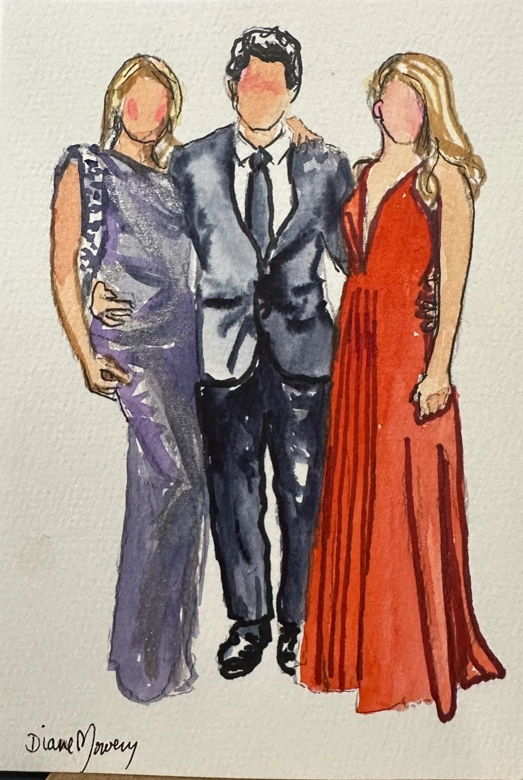 Watercolor painting of three well-dressed people, two women and one man, standing close together with the women on either side of the man. The woman on the left is in a purple gown, and the woman on the right is in a red gown. The man is in a gray suit with a tie. Their faces are not detailed.