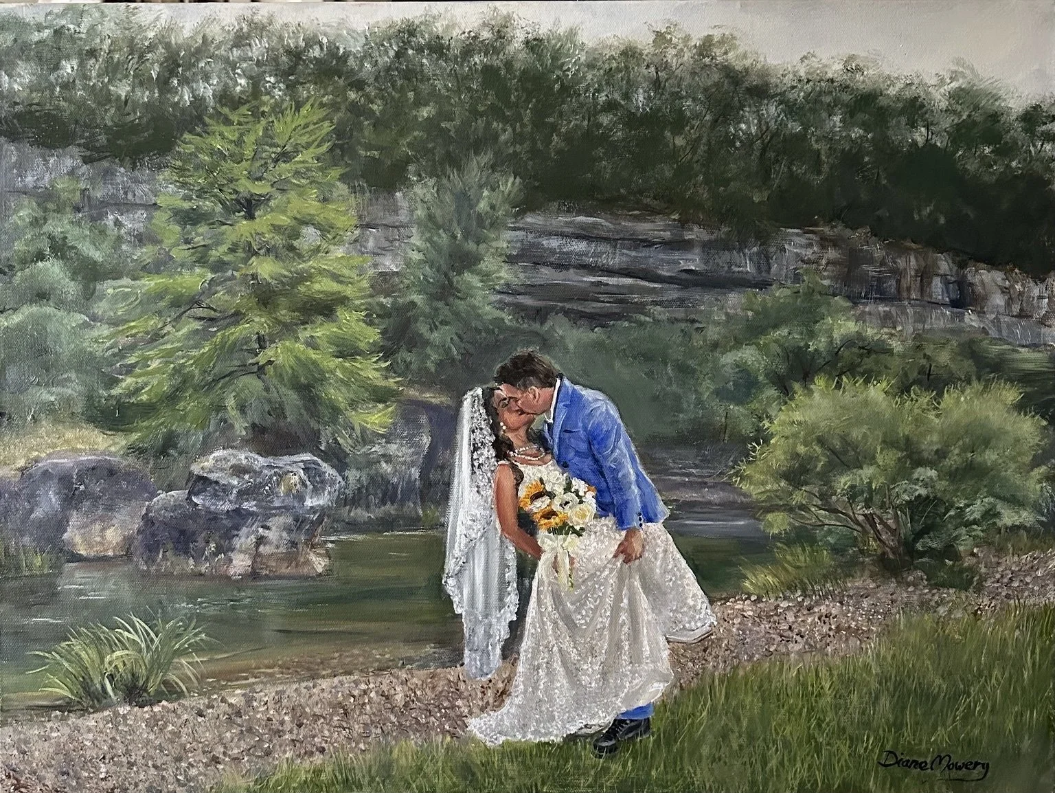 Live Wedding Painting / Oil on Canvas

Created live during Naomi and Jett's wedding in Pipe Creek, Texas, this painting captures a quiet moment along the water following a morning of steady rain. As the clouds lifted, the celebration transformed into