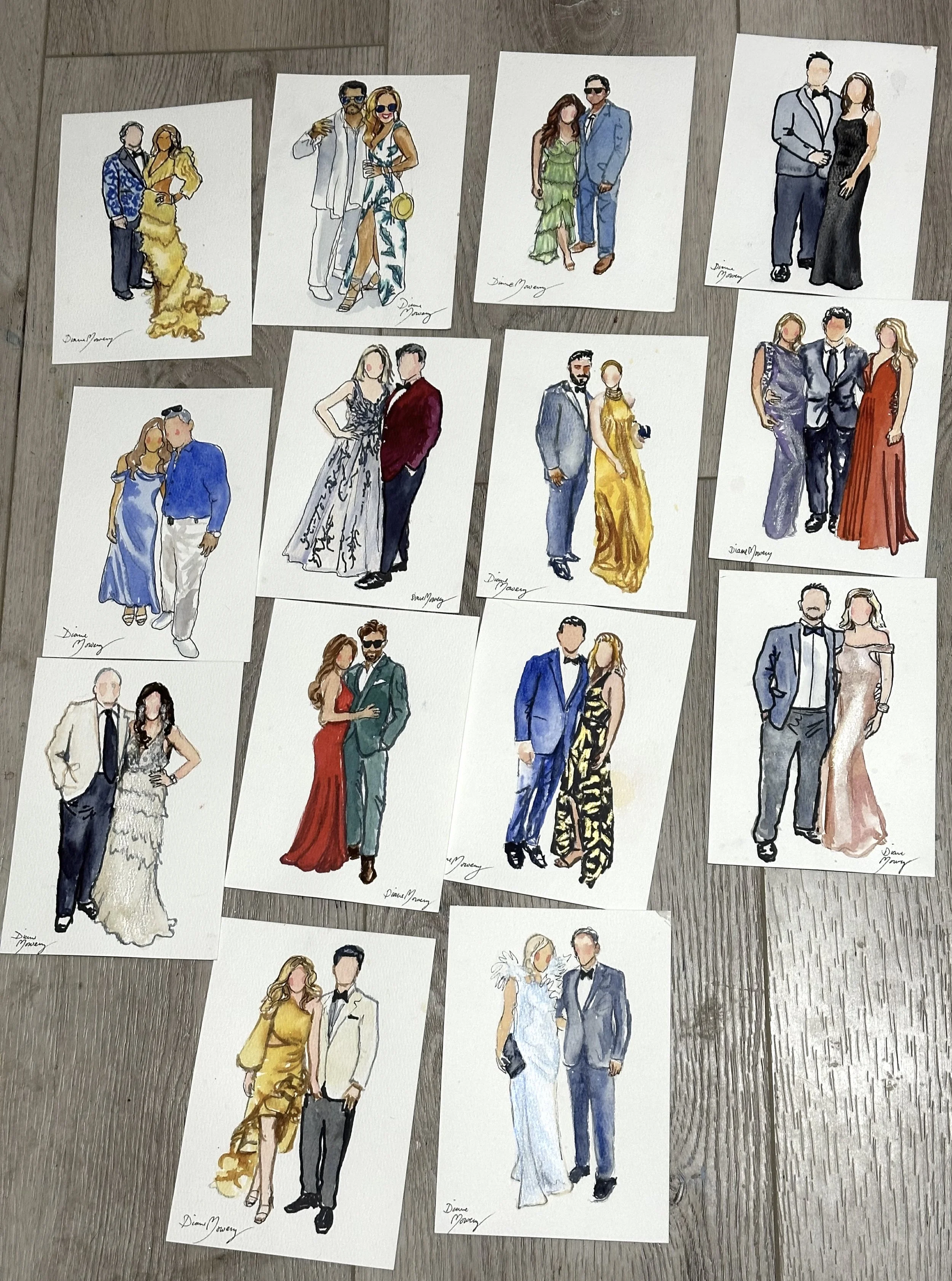 Collection of watercolor illustrations of couples dressed in formal and semi-formal attire, arranged on a wooden surface.