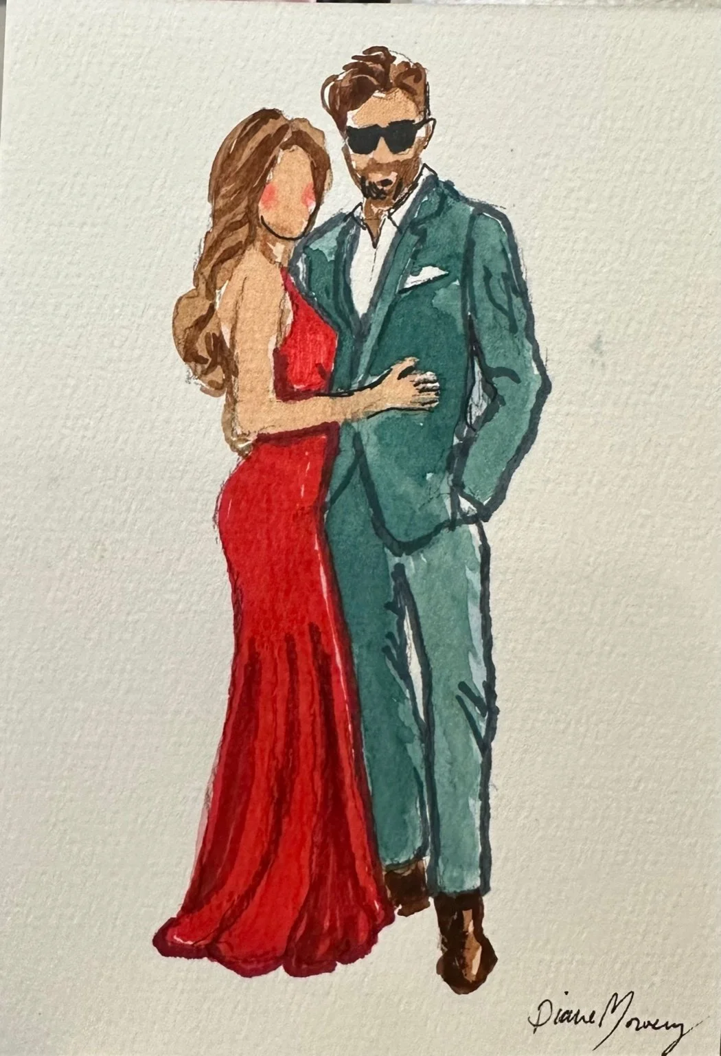 A watercolor illustration of a man and woman in formal attire, standing close together. The woman is in a red dress and has long wavy hair, blushing on her face. The man is wearing a green suit, white shirt, black tie, and sunglasses, with his hand in his pocket. The artwork is signed by Diane Moung.