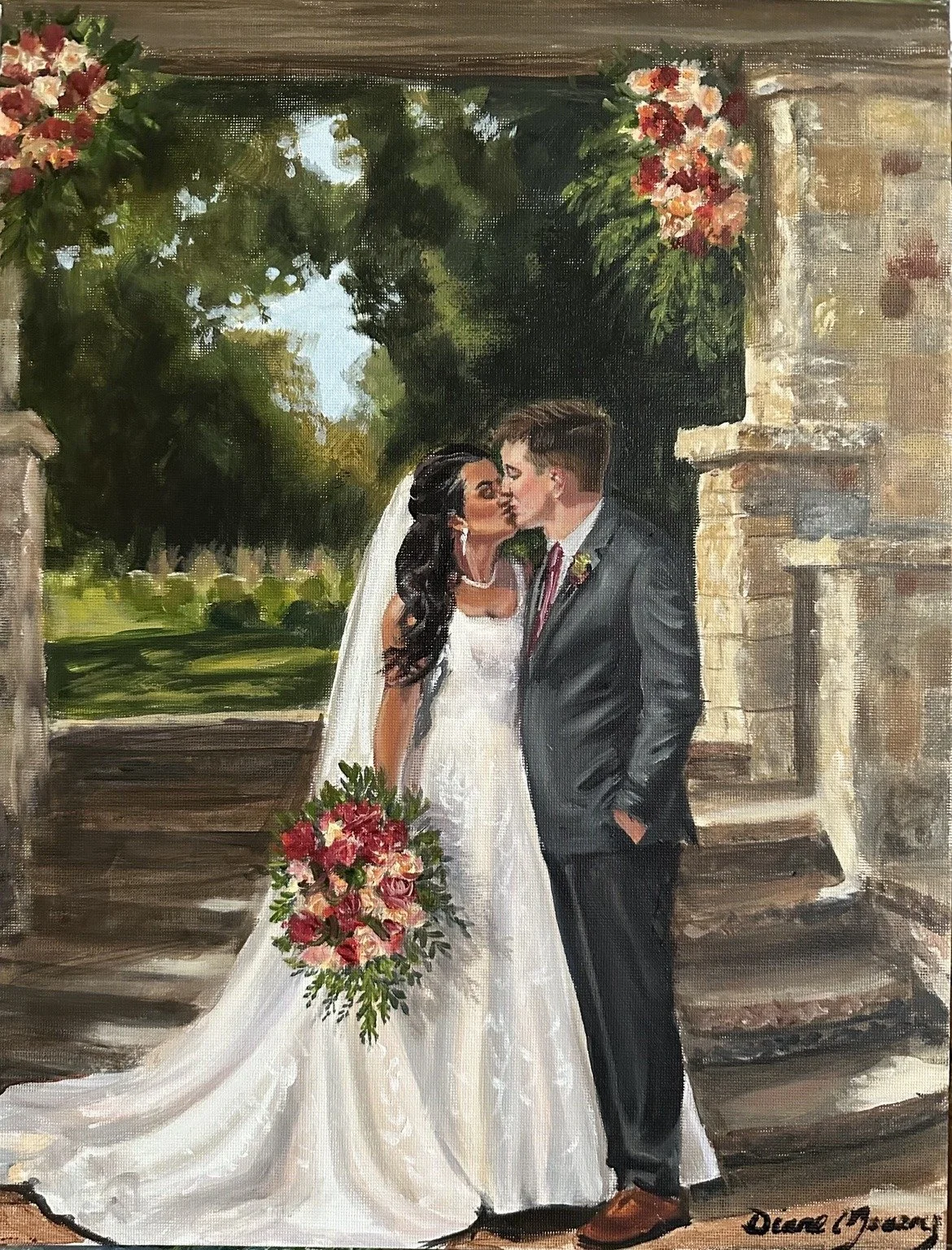 An intimate wedding portrait painted beneath a stone pavilion, capturing the couple's first kiss surrounded by garden light, florals, and timeless architecture. Created as a live wedding painting and finished in oil, this piece preserves a fleeting m