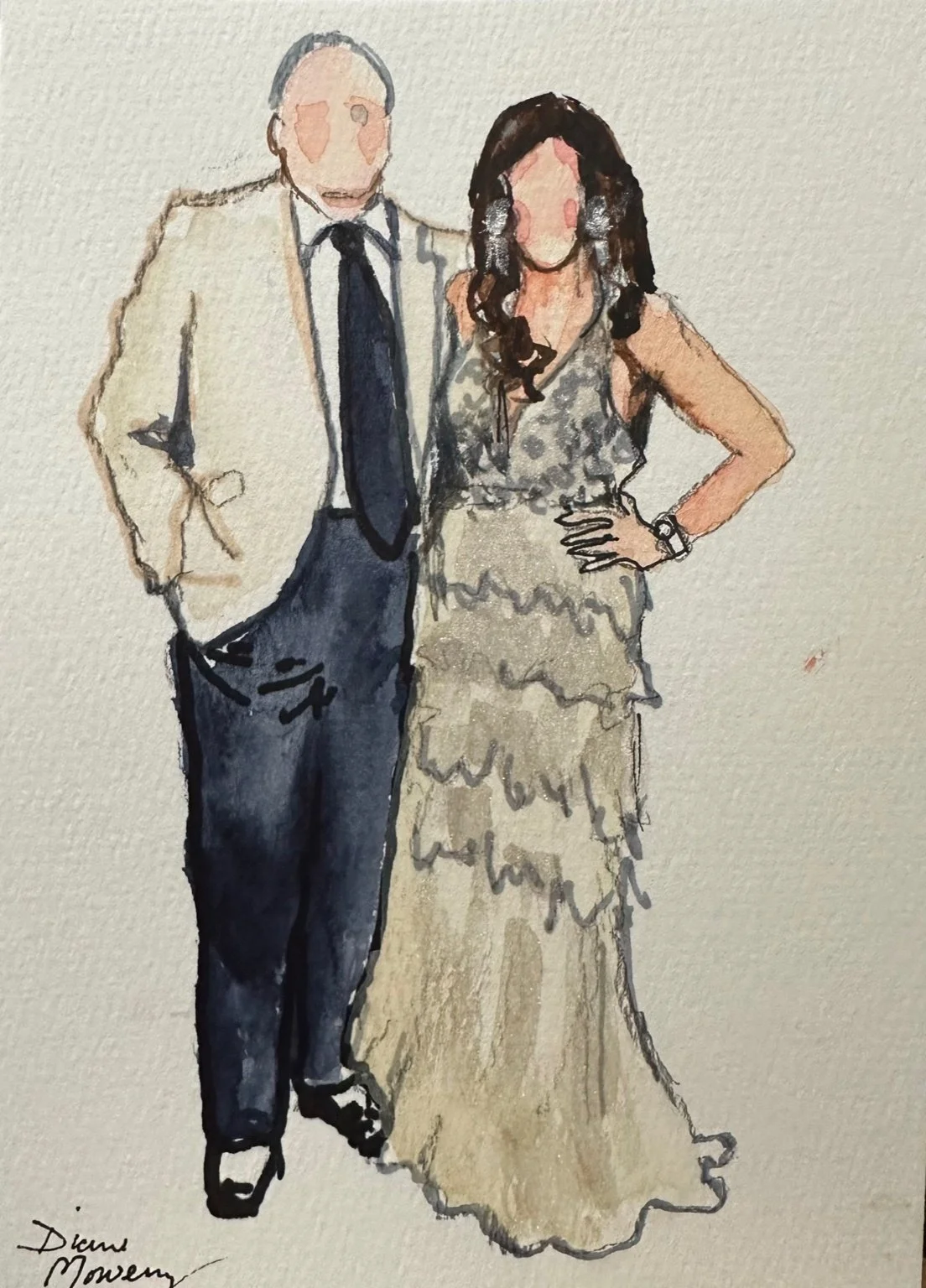 Watercolor illustration of a man in a beige suit and a woman in a glamorous dress, both with faceless features, standing close together.