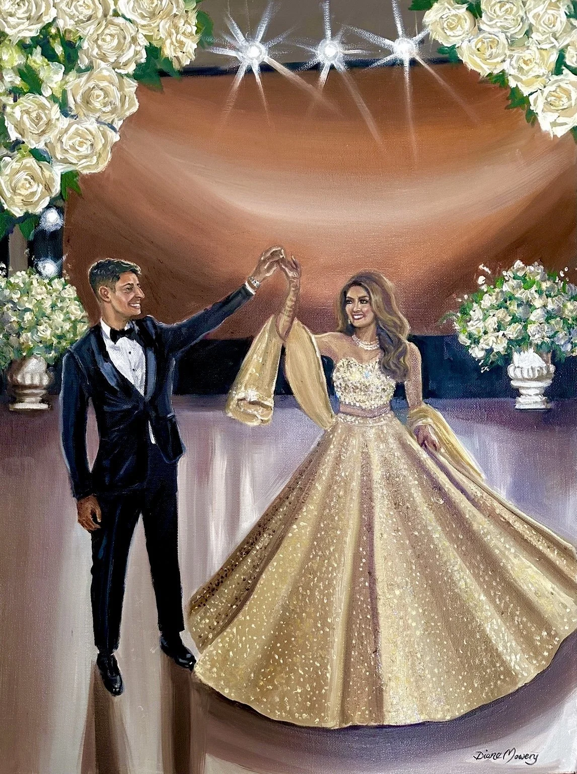 This live wedding painting captures the joy and elegance of a couple's first dance beneath a canopy of white roses. Inspired by the warmth and grandeur of a traditional Indian wedding celebration, the painting highlights the movement of the bride's s