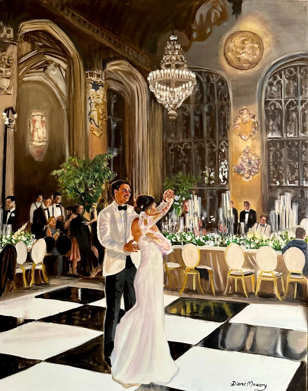 A painting of a wedding reception in an elegant hall with a bride and groom dancing in the foreground. The room has high arched windows, a chandelier, and a checkered black-and-white floor.