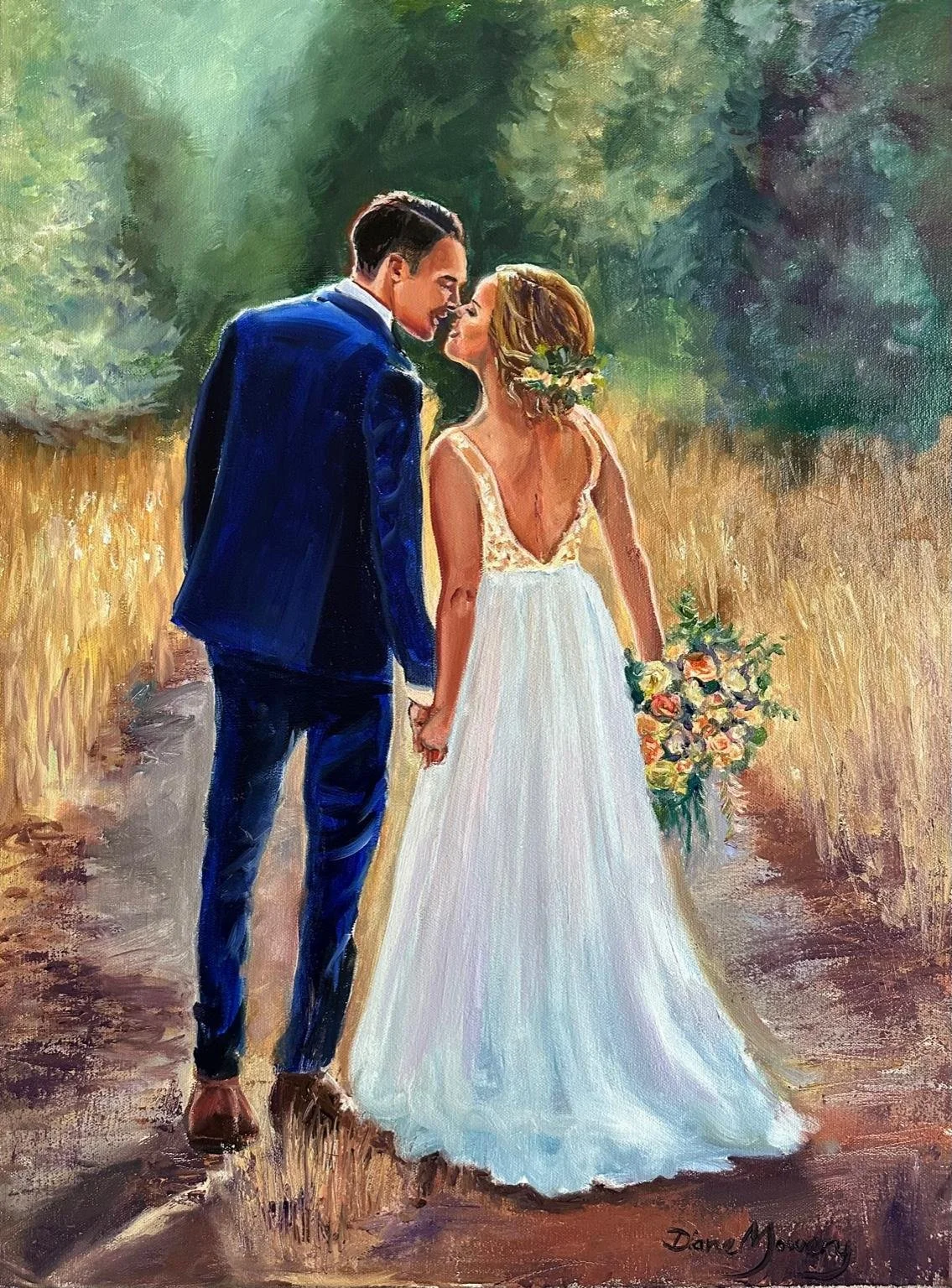 A painting of a bride and groom in wedding attire sharing a kiss in a field, with the bride holding a bouquet of flowers and wearing a floral headpiece.