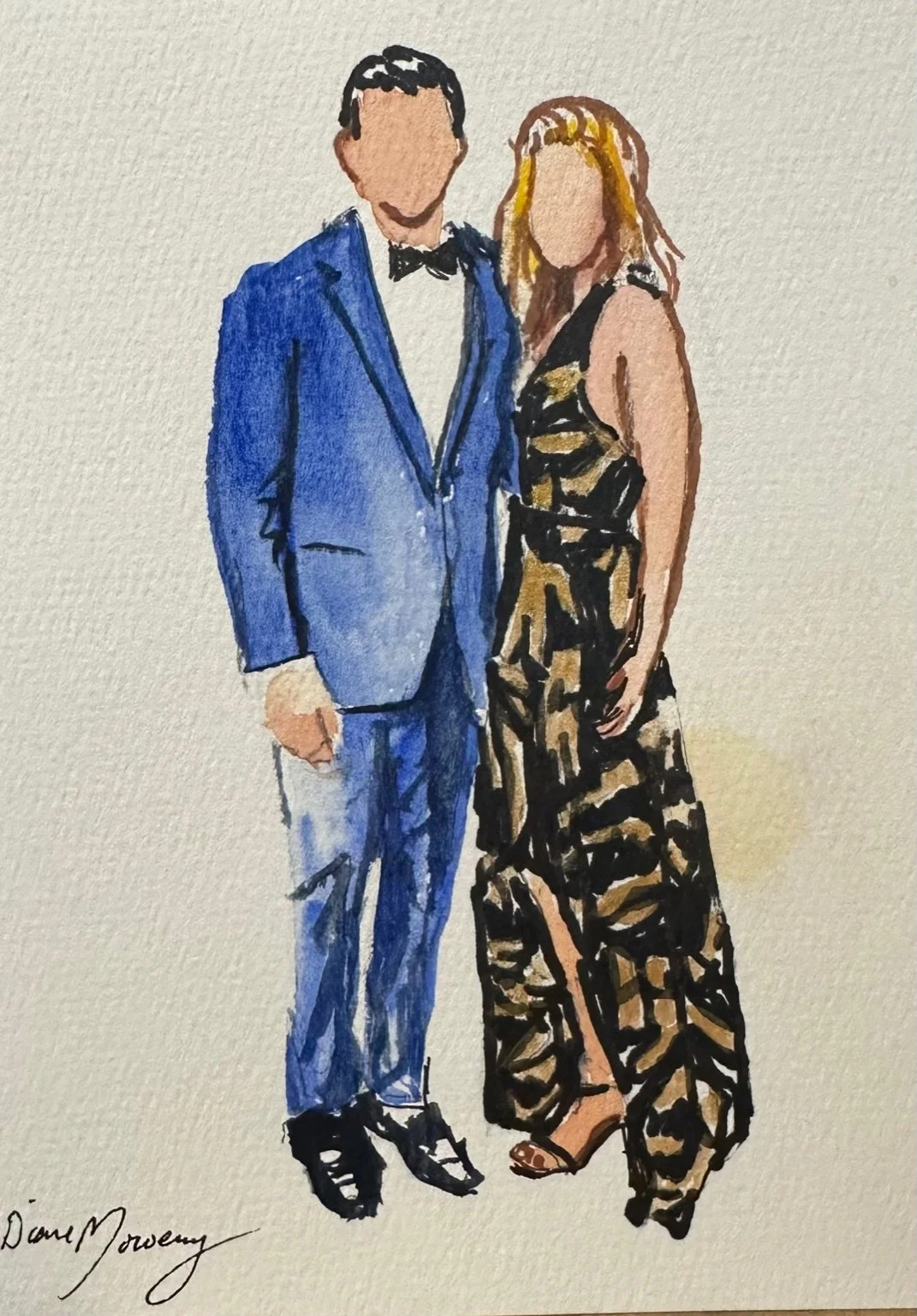 Watercolor painting of a man in a blue tuxedo and a woman in a black and gold dress, standing close together.