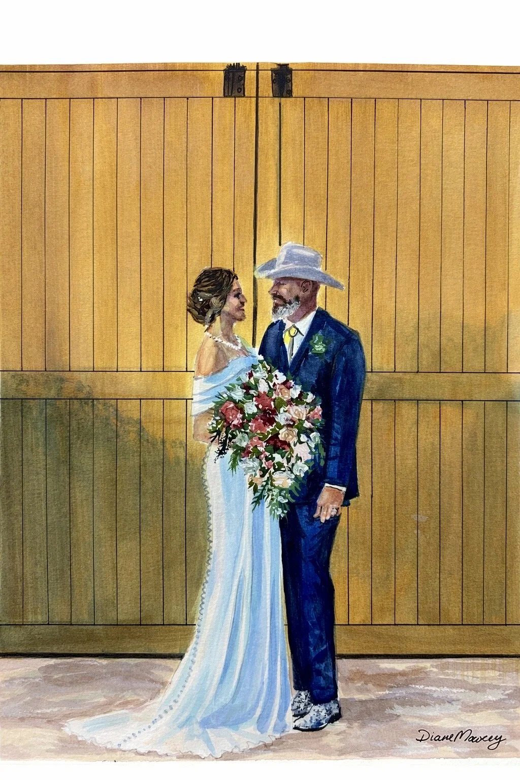 Watercolor painting of a bride and groom standing in front of a yellow barn door, gazing at each other; the bride holds a large bouquet and wears a white dress with a pearl necklace, while the groom wears a dark suit, cowboy hat, and cowboy boots.