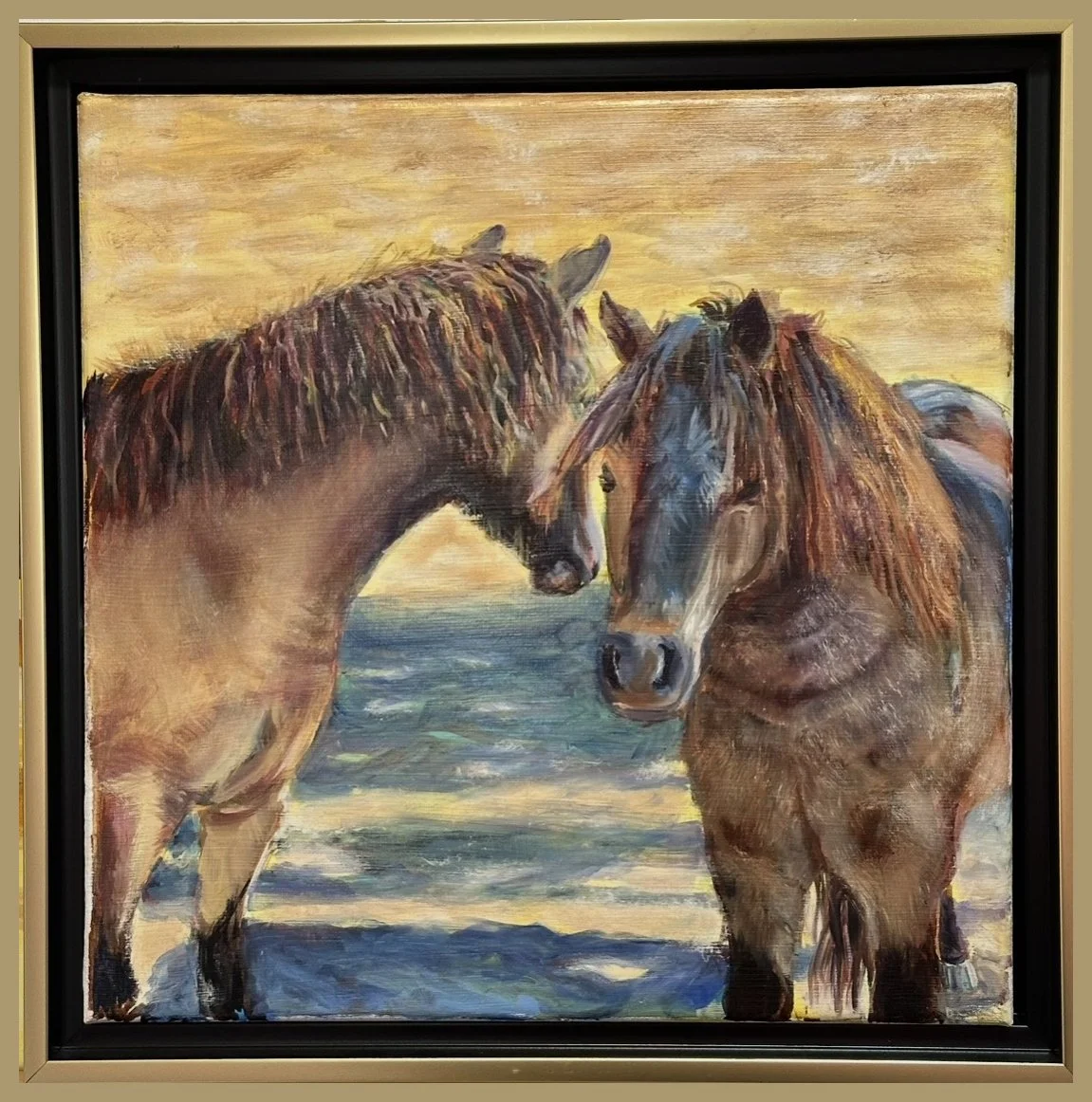 A painting of two horses standing close together near a water body during sunset, with a warm yellow sky in the background.