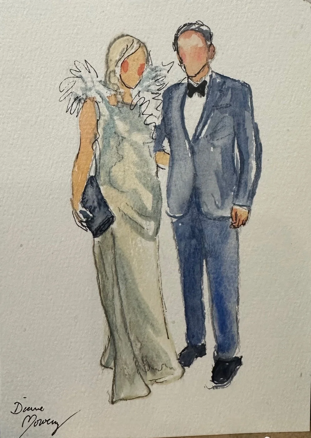 Watercolor painting of a woman in a glamorous gown and a man in a tuxedo, standing together.