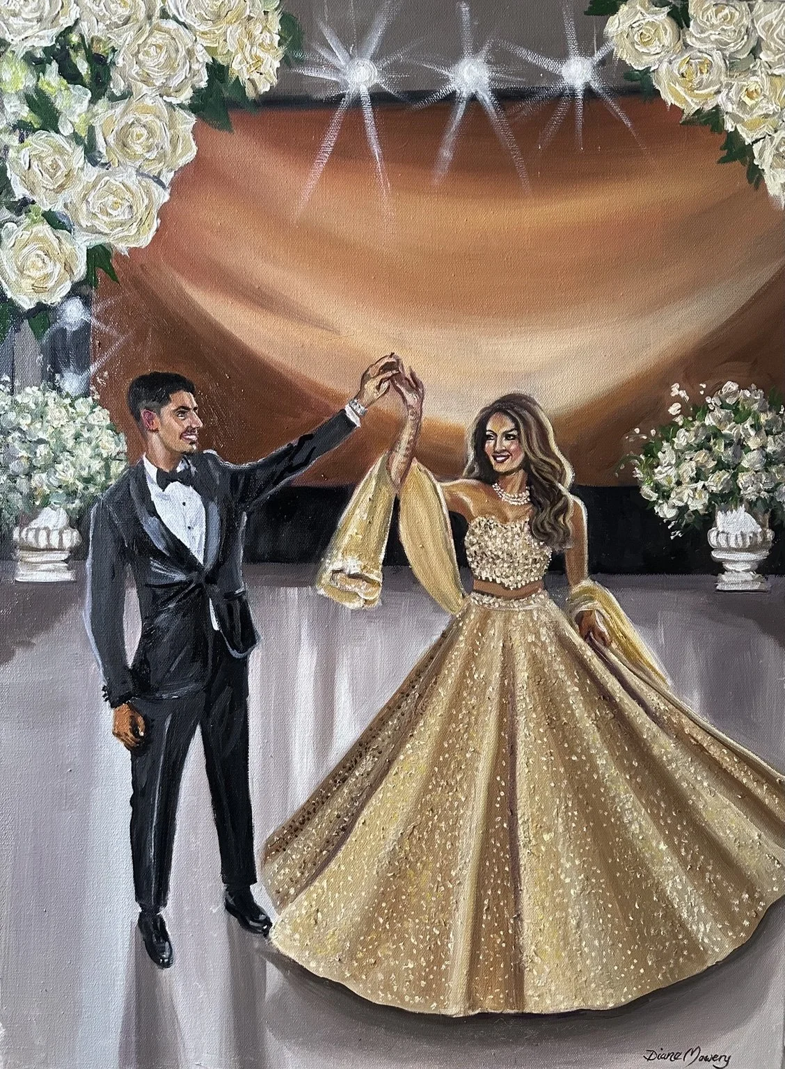 This live wedding painting captures the joy and elegance of a couple's first dance beneath a canopy of white roses. Inspired by the warmth and grandeur of a traditional Indian wedding celebration, the painting highlights the movement of the bride's s