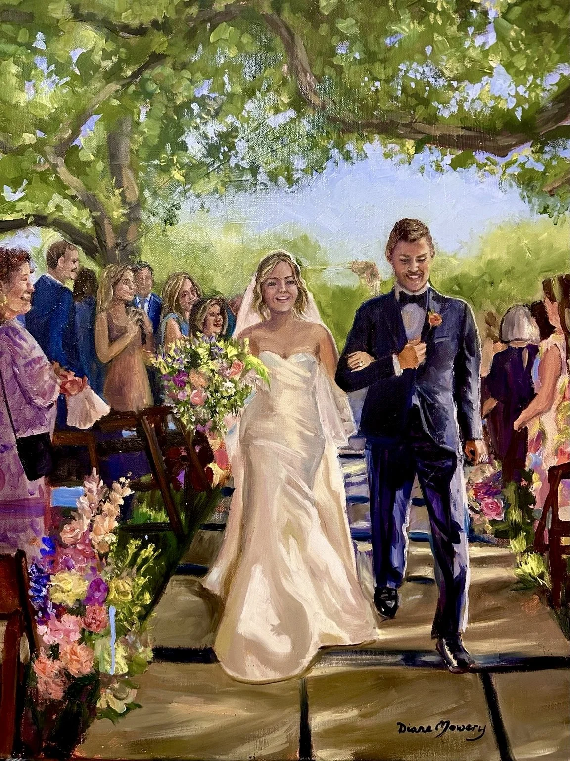 A live wedding painting capturing the couple's joyful grand exit as they walk down a shaded pathway surrounded by cheering guests. Overhead, a canopy of trees filters the sunlight, while the open sky and distant trees create a soft, luminous backdrop