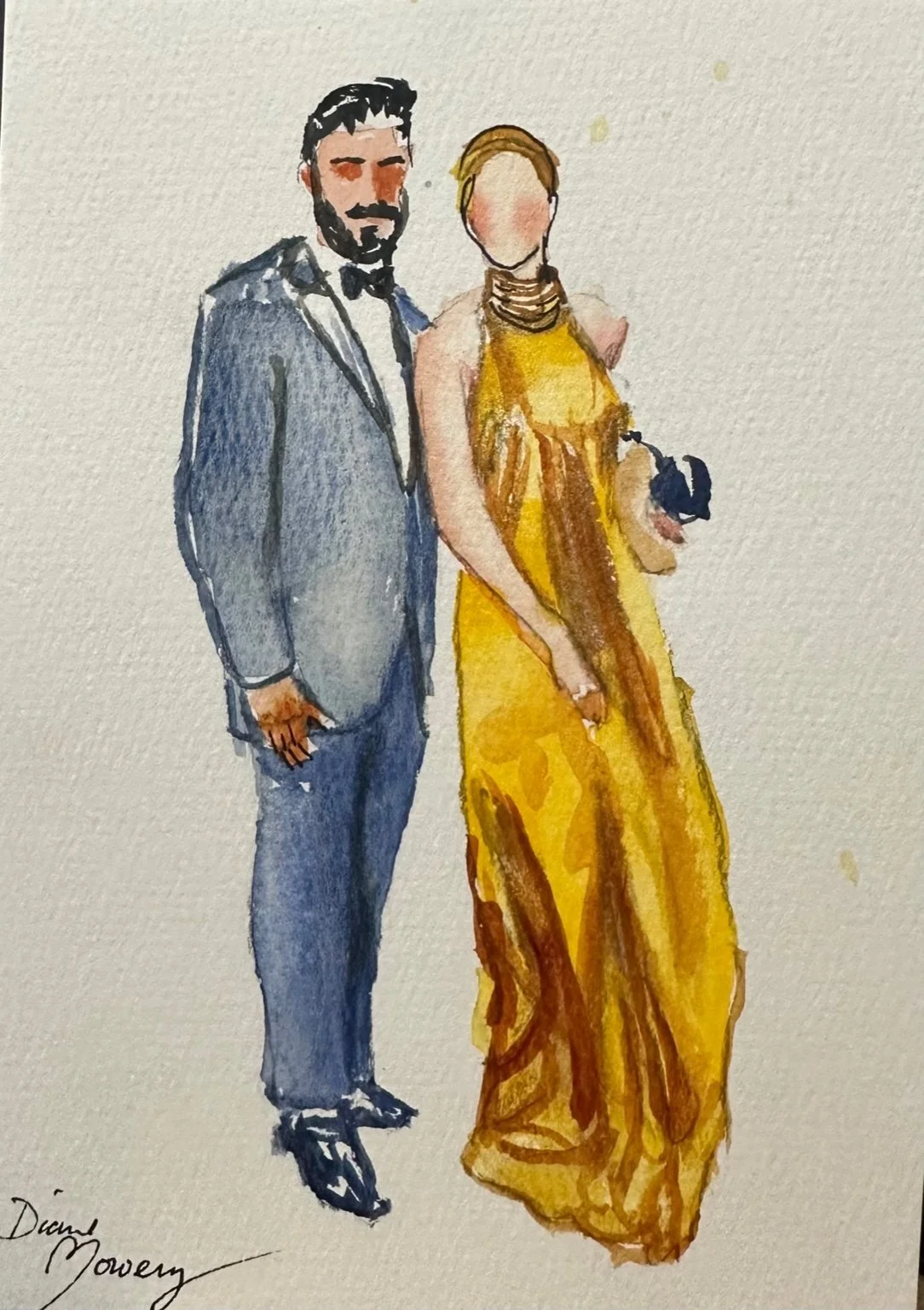 A watercolor painting of a man and woman dressed in formal attire. The man is wearing a gray tuxedo with a black bowtie, and the woman is in a long, flowing yellow dress holding a black clutch.
