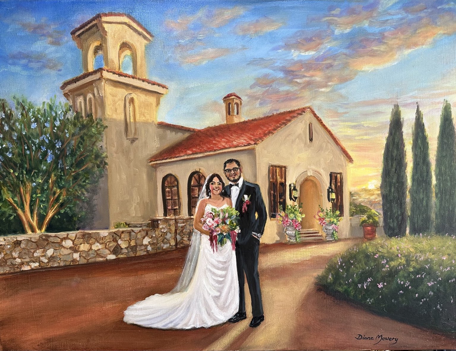 Lisa and Aaron at Villa Antonia, with the chapel behind them. I captured them against the warm sunset, surrounded by the venue’s architecture and flowers, in this custom wedding painting.