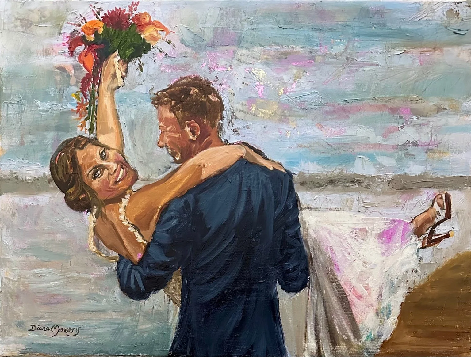 A painting of a couple at the beach. The woman, with a big smile, is holding a bouquet of flowers in the air and has her arms around the man's neck. The man is facing her with his back to the viewer, wearing a dark jacket. The woman is wearing a dres