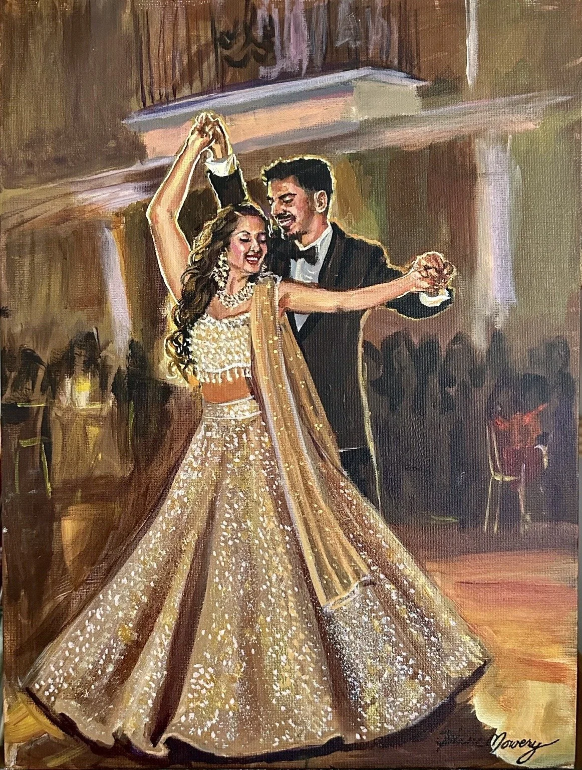 Wedding painting of an Indian bride and groom dancing their wedding reception by Austin wedding painter Diane Mowery