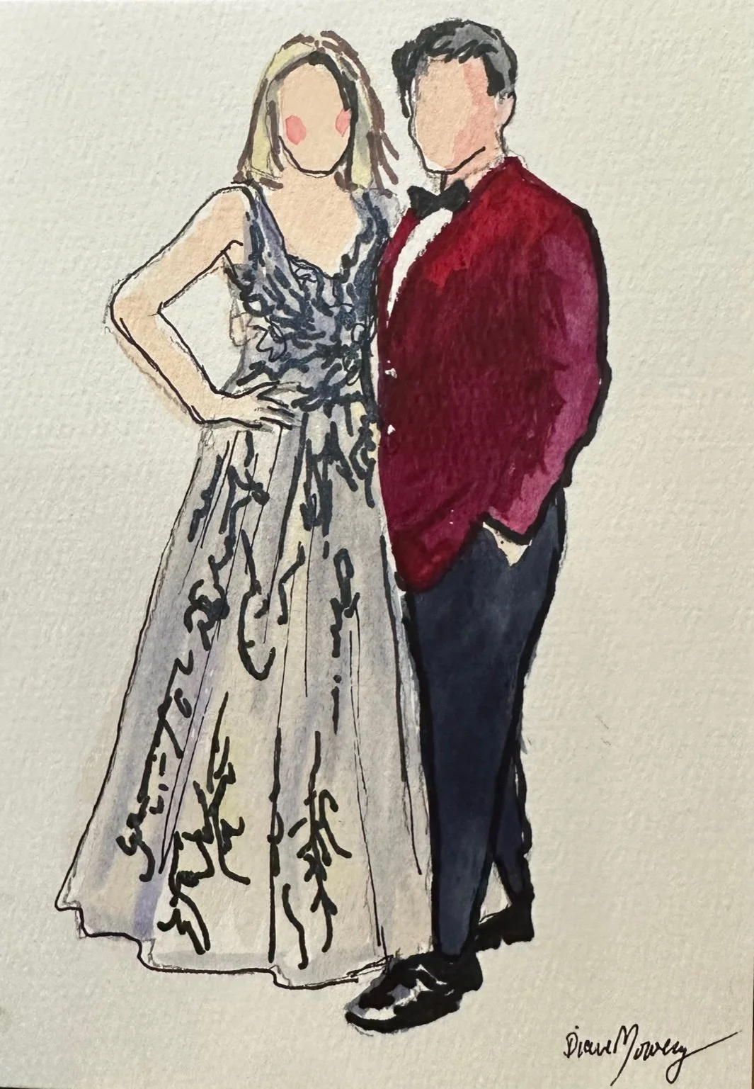 A watercolor illustration of a couple dressed in formal attire, with the woman in a patterned gown and the man in a tuxedo with a red jacket and black bow tie, standing close together.