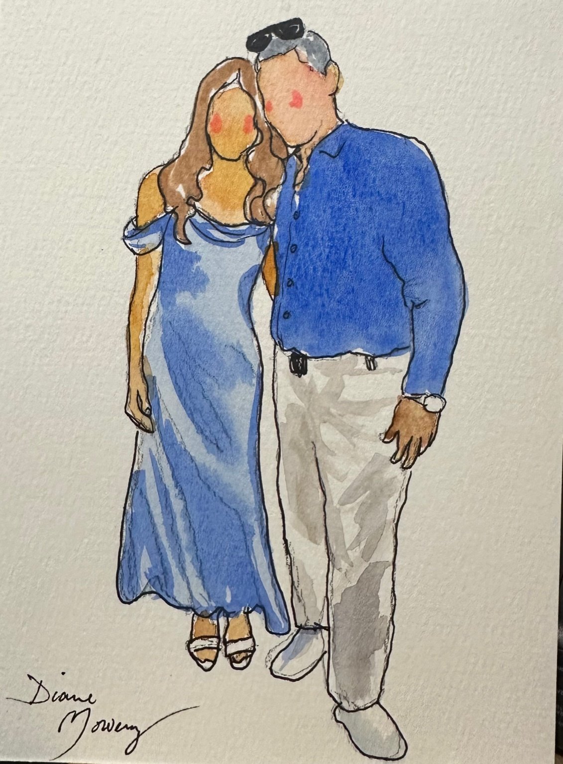 Watercolor illustration of a man and woman standing close together, with the woman in a long blue dress and the man in a blue shirt and beige pants, both with blurred faces.