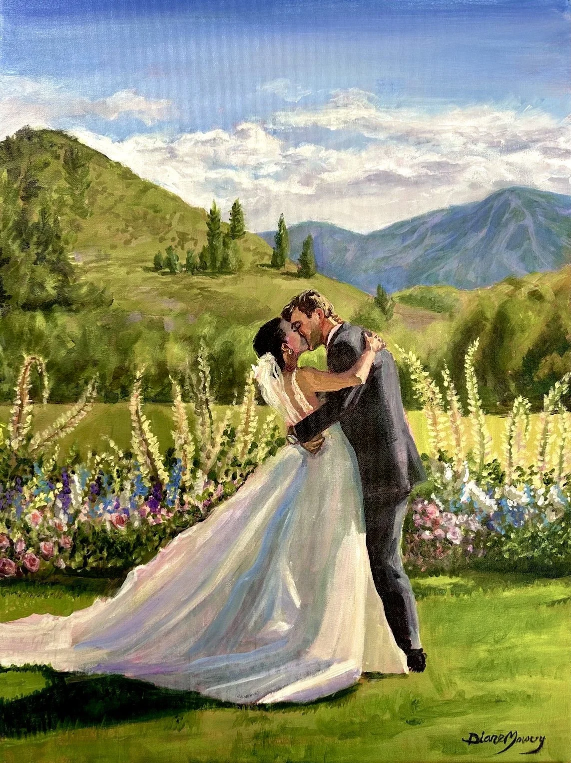 Live wedding painting of bride and groom during an outdoor ceremony by Austin wedding painter Love Story Live Painting