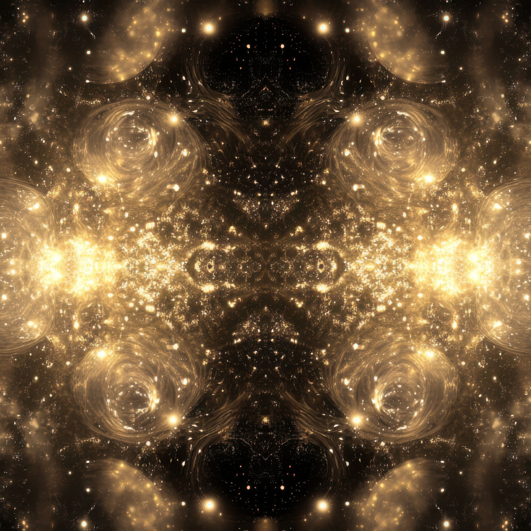 A digital artwork featuring a symmetrical pattern of glowing gold and black cosmic and galaxy-like elements.