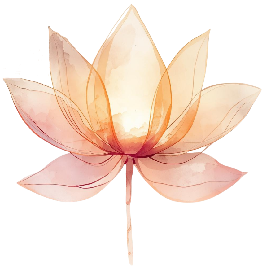 A watercolor illustration of a pink and peach lotus flower with layered petals and a slender stem.