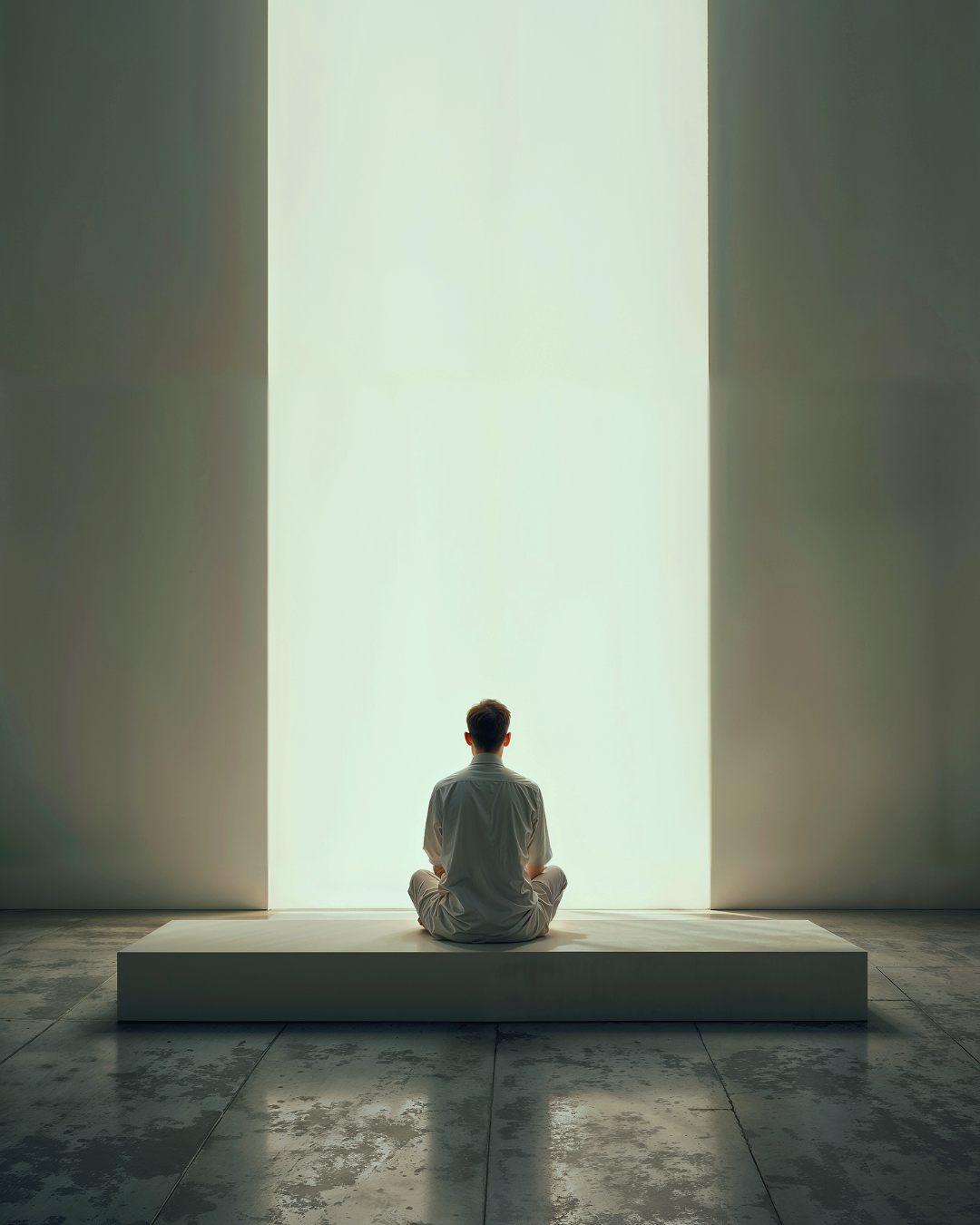 A person dressed in white, sitting in a meditation pose on a white platform, facing a large, glowing white wall in a minimalist space.