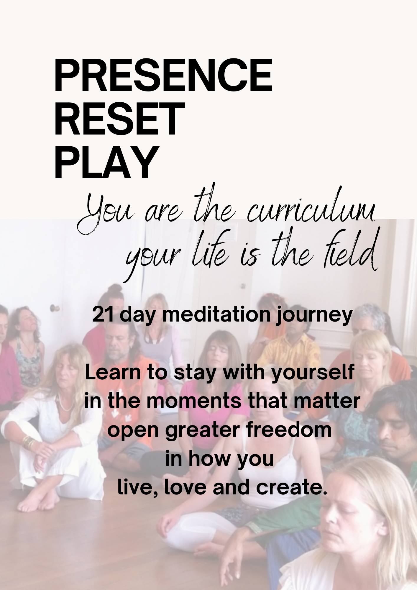 A meditation class with people sitting on the floor with eyes closed. Overlaid text promoting a 21-day meditation journey.