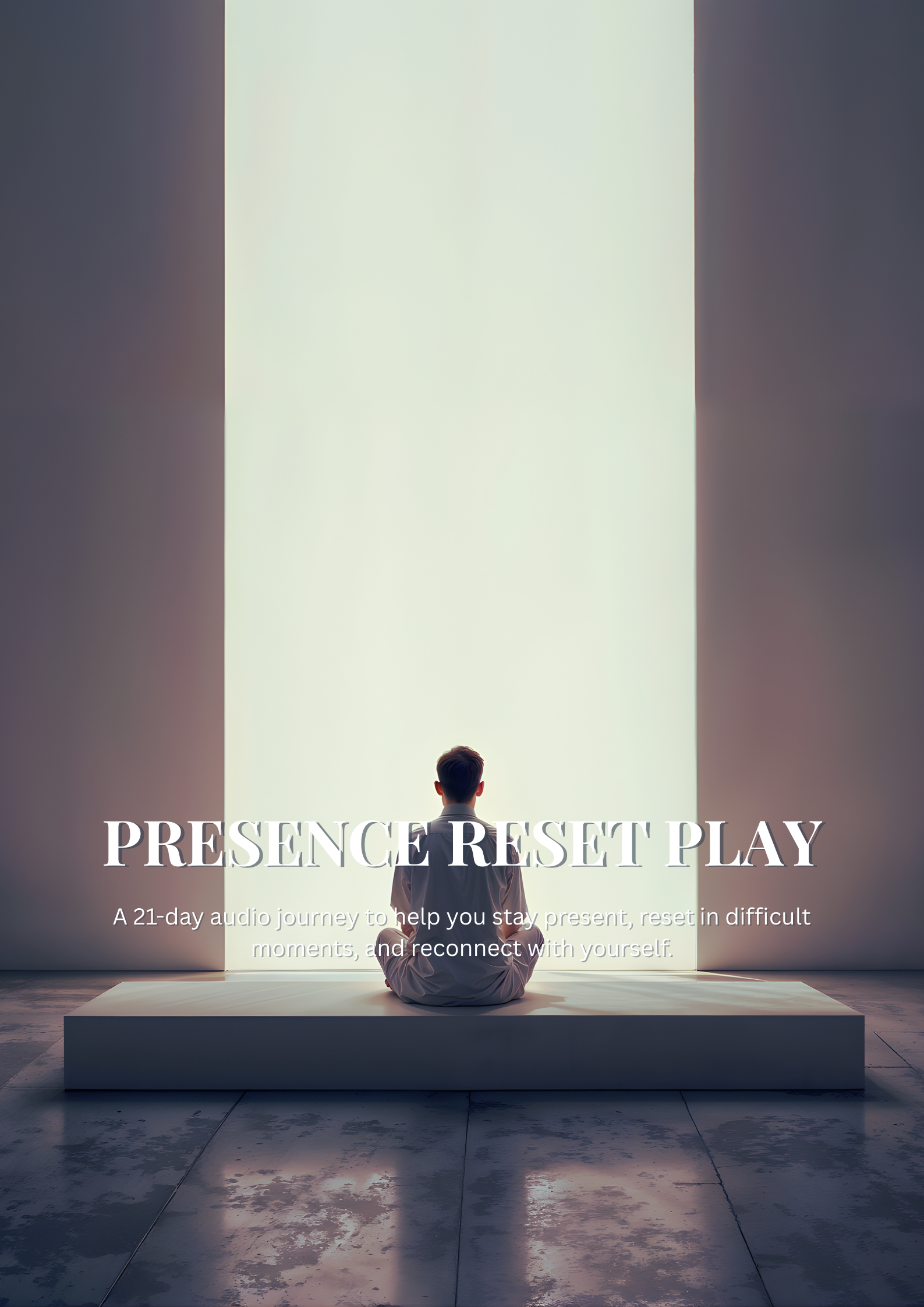 A minimalist scene of a person sitting in meditation on a low platform, seen from behind. They are facing a large, glowing vertical rectangle of light in a modern, industrial-style room with polished concrete floors, creating a serene and ethereal at