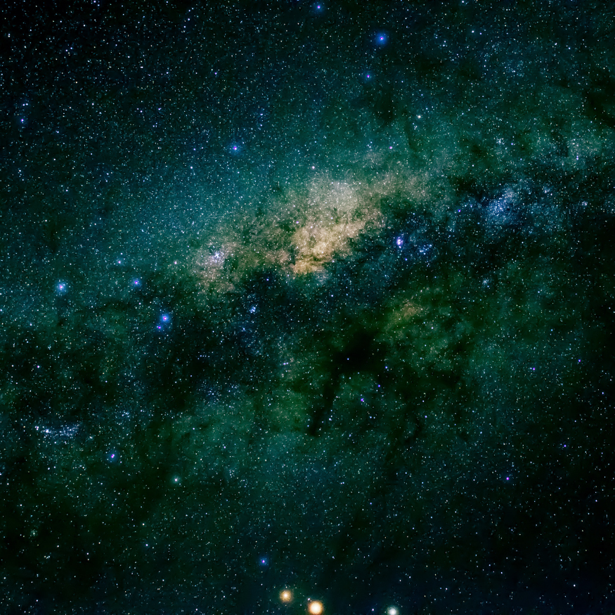 Image of the night sky showing numerous stars and a bright band of the Milky Way galaxy.
