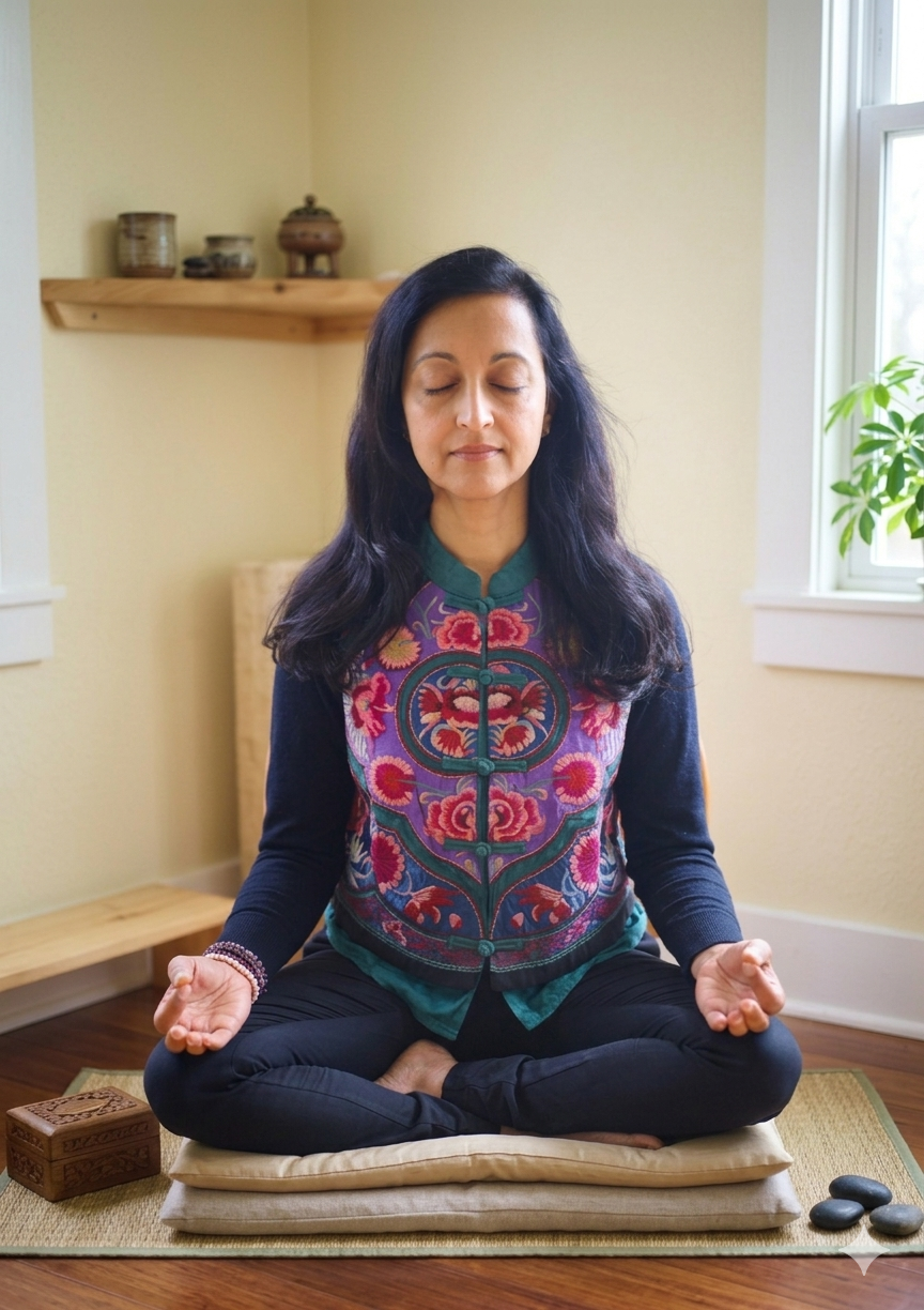 A woman practicing meditation indoors, sitting cross-legged on cushions on a wooden floor with her eyes closed, in a peaceful room with natural light and minimal decor.