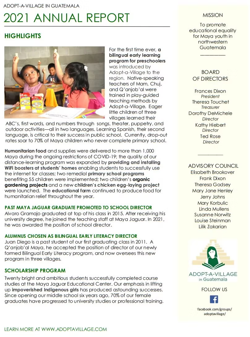 Adopt-a-Village in Guatemala Annual Report - 2021