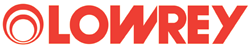 Lowrey logo in red text with a circular swirl symbol to the left