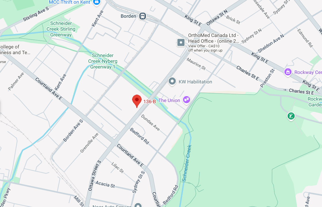 Map showing streets, parks, and landmarks near the intersection of Courtland Ave E and Dundas Ave, including Schneider Creek and The Union bar.