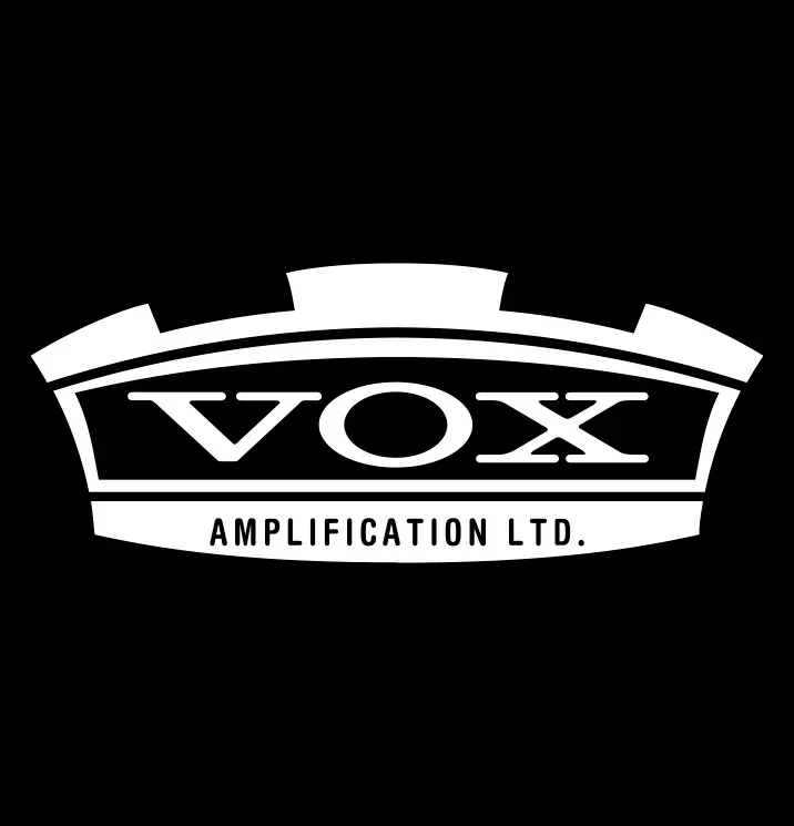 Black background with a white logo of the brand VOX Amplification Ltd., featuring a stylized crown shape above the text.