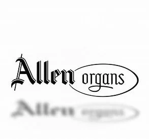 Logo for Allen Organs with stylized text and reflection