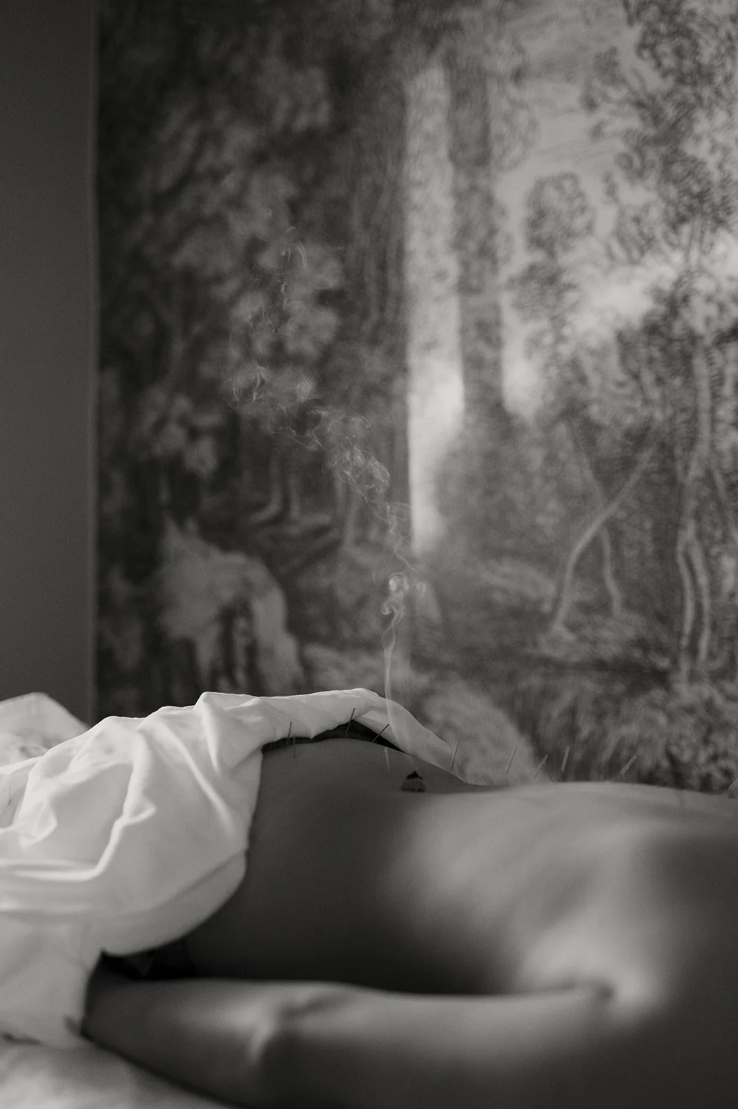 Close-up of a person's back and shoulder with a white cloth, with faint smoke rising, and a wall with a landscape painting in the background.