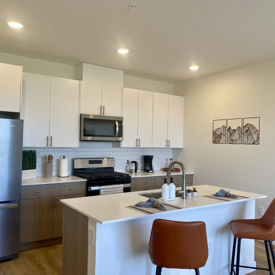 A bright and modern kitchen featuring sleek cabinets, a spacious island, and stainless steel appliances