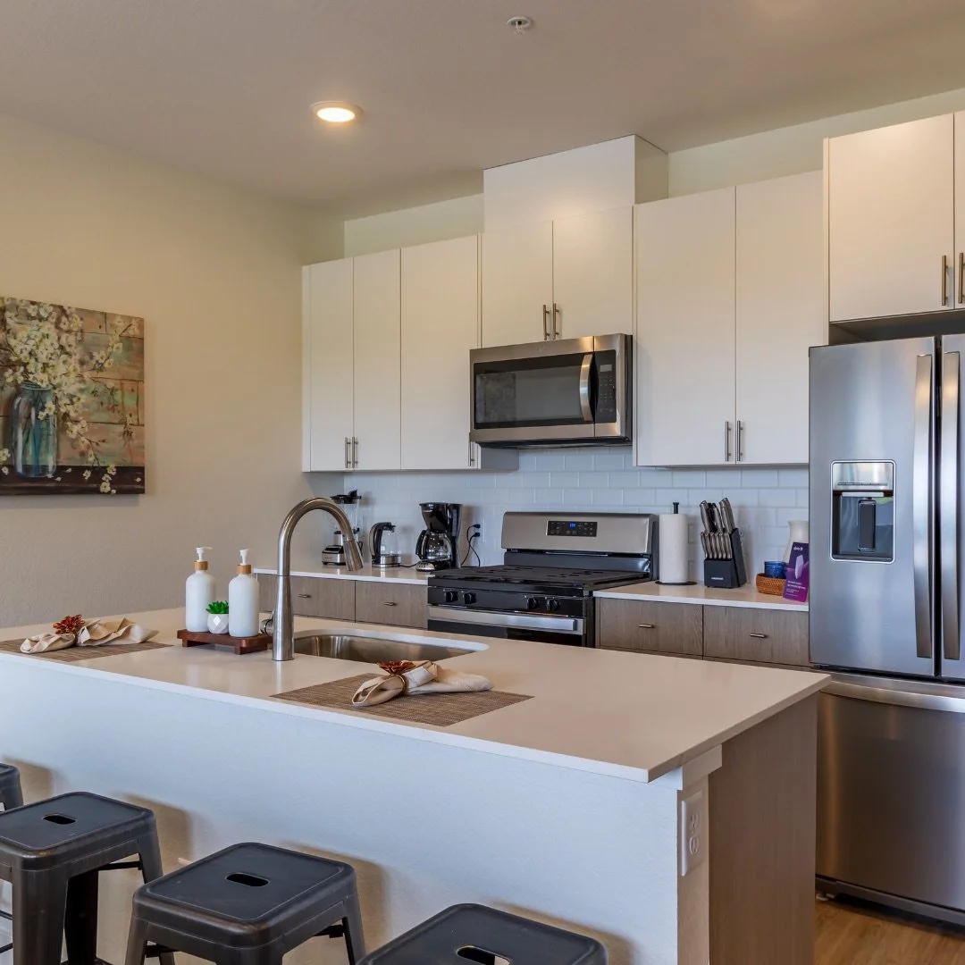 A bright and modern kitchen featuring sleek cabinets, a spacious island, and stainless steel appliances