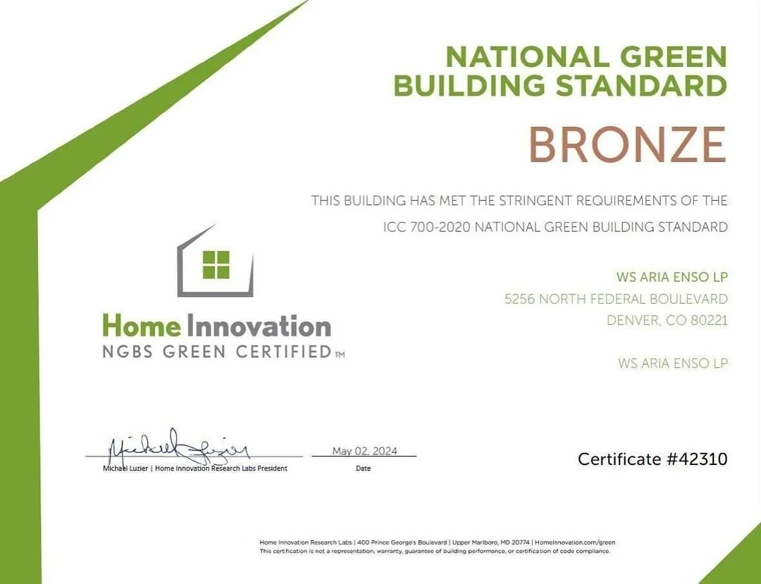 Certificate of achievement for meeting the Green Building Standard with a bronze rating, issued by Home Innovation and signed by Michael Luzier, dated May 2, 2024.