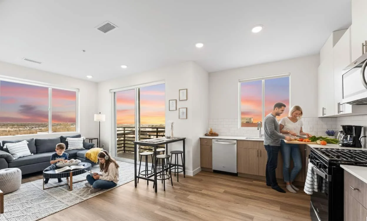 parents happily cooking in the kitchen while children lounge in the living room in apartment with sunset view in Denver, Colorado