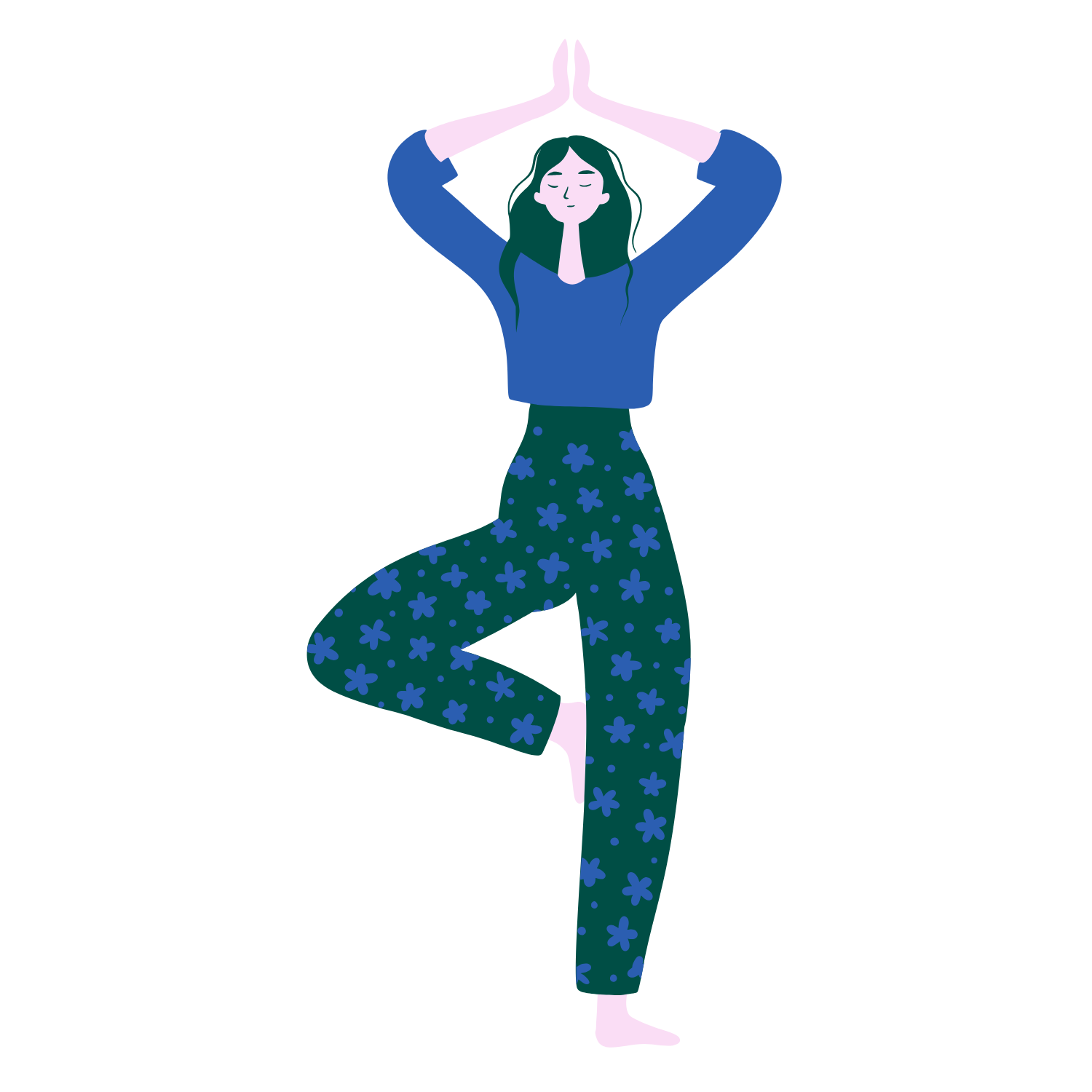 An illustrated woman stretches up into tree pose.