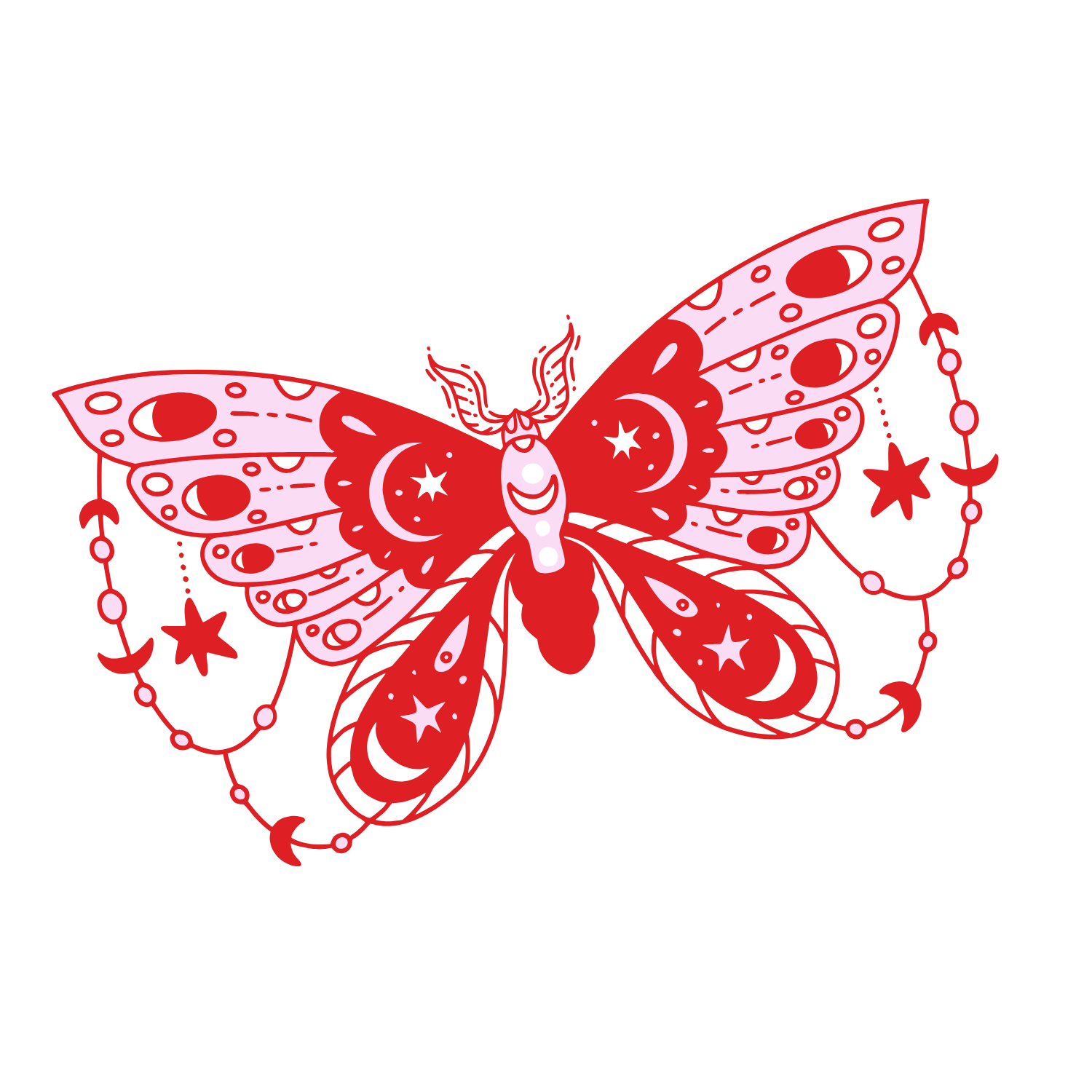 An illustration of a pink moth bedecked in beads and crescent moons.