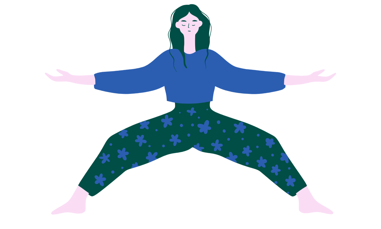 The same illustrated woman drops down into a deep goddess pose.