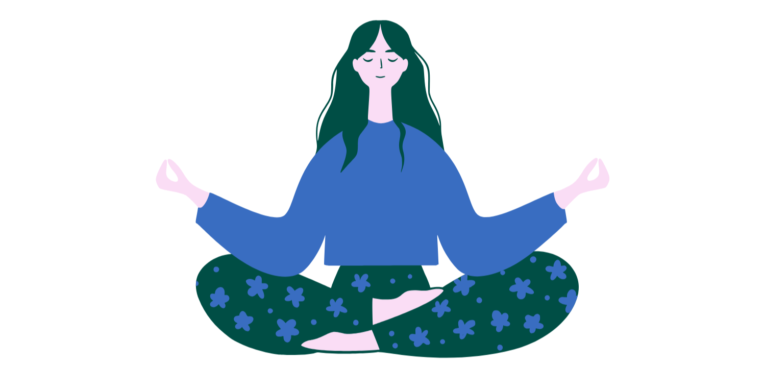 The same illustrated woman settles into a meditative seat.