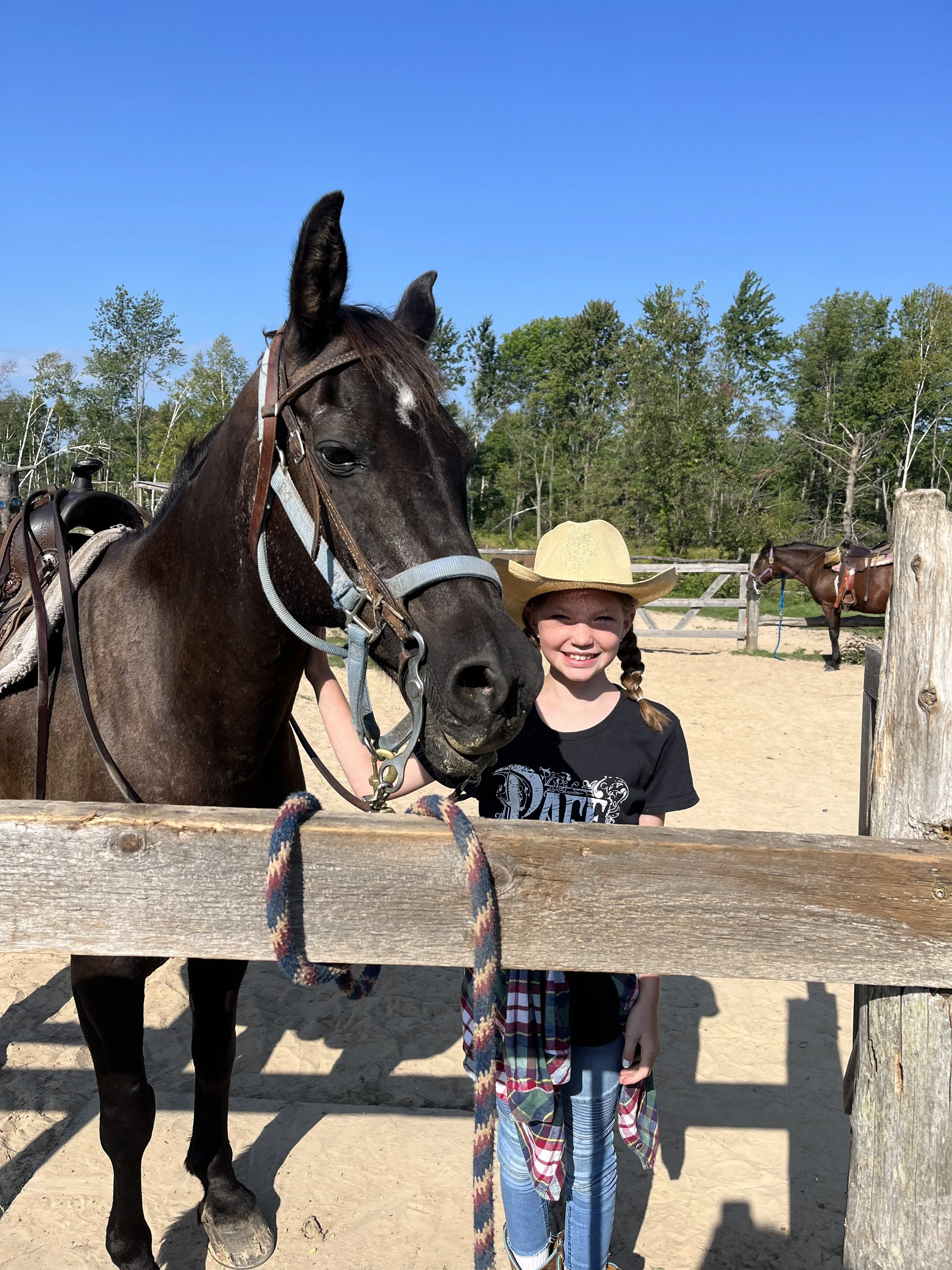 A young girl with braids, wearing a cowboy hat, black t-shirt, and plaid shirt, standing next to a black horse with a white star on its forehead behind a wooden fence in an outdoor arena, with another horse in the background and trees under a clear blue sky.