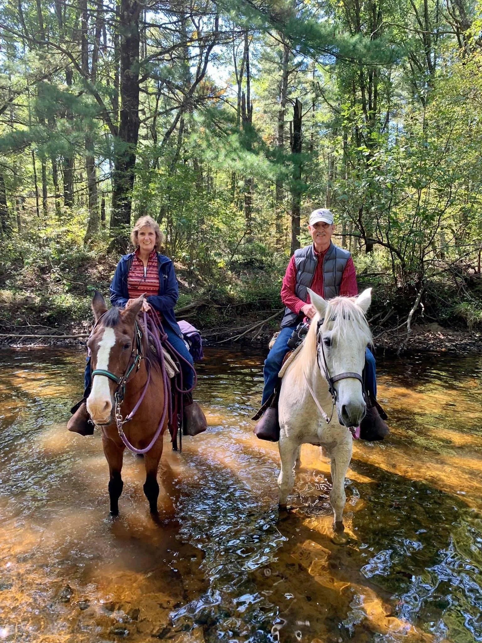 Two people riding horses through a shallow stream in a forest, with sunlight filtering through trees.