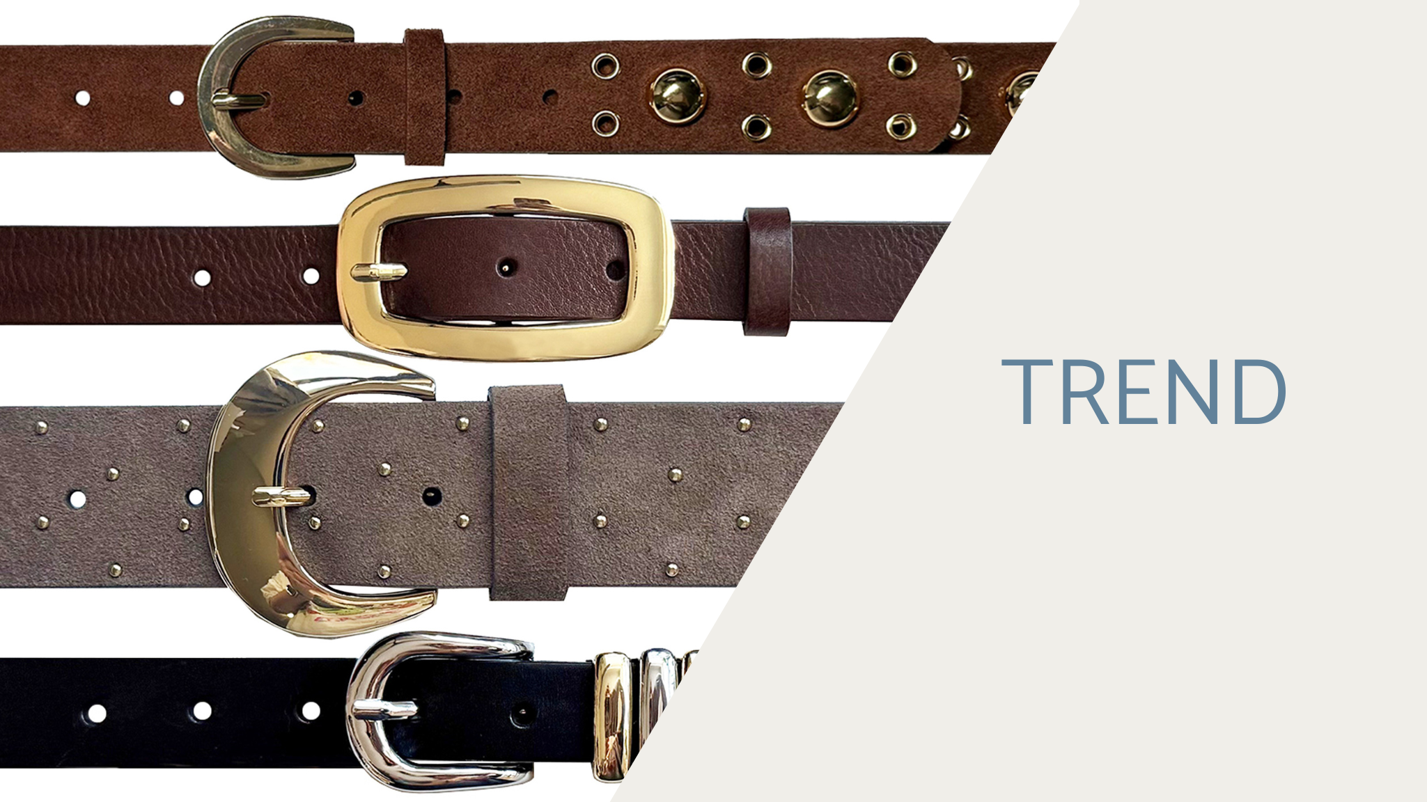 Four belts in different styles and colors arranged horizontally with the word 'TREND' on a gray background to the right.