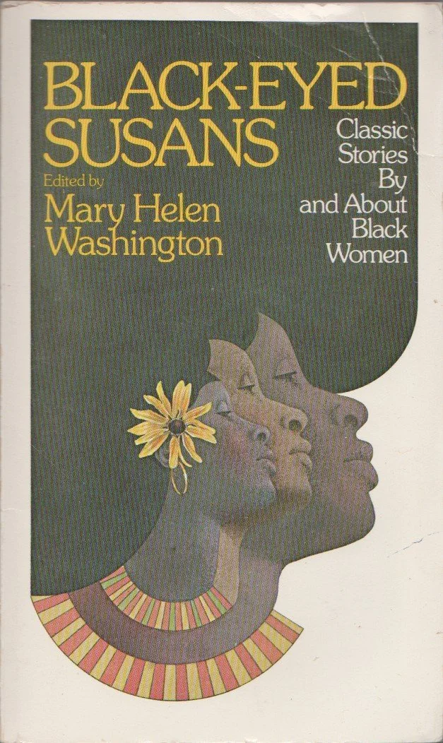 Book cover titled "Black-Eyed Susans" edited by Mary Helen Washington, featuring an illustration of a Black woman with three overlapping profiles, a yellow flower in her hair, and a necklace with red and yellow stripes.