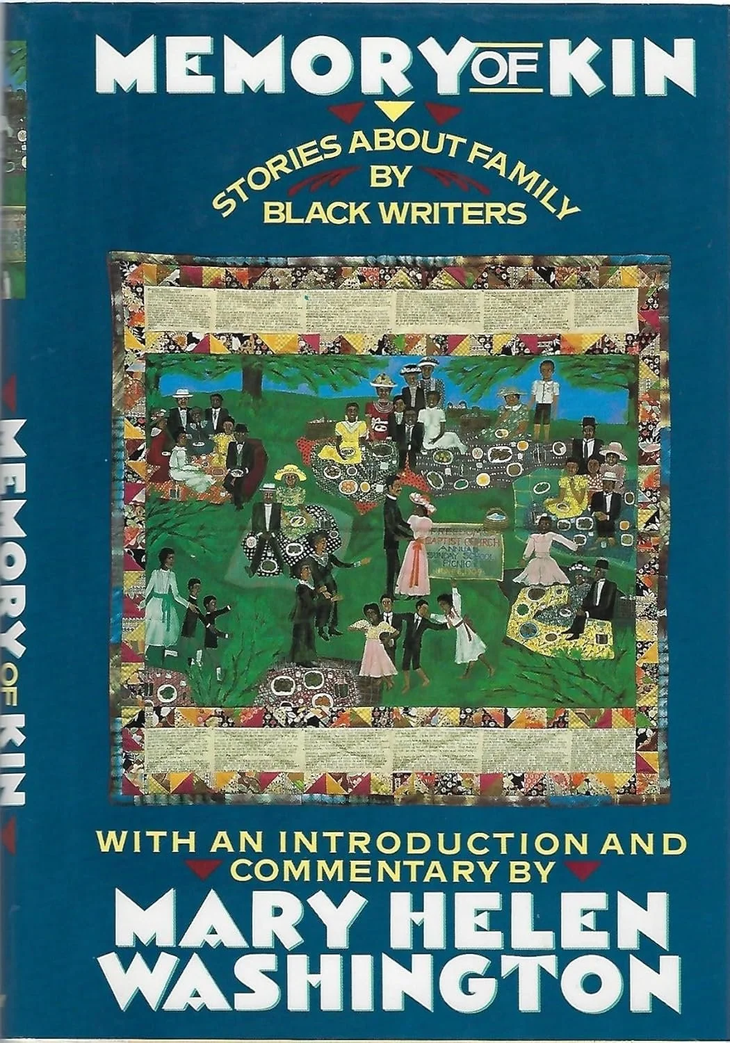 Book cover titled 'Memory of Kin' with subtitle 'Stories about Family by Black Writers' featuring a colorful collage scene of African American families picnicking and socializing outdoors under trees, with people dancing and sitting on blankets.