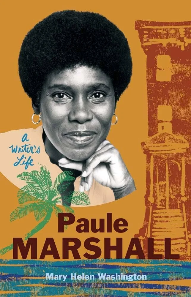 Book cover featuring a black and white portrait of Paule Marshall, with a yellow background, a palm tree, and a water tower illustration. The title reads 'Paule Marshall,' with the subtitle 'a Writer's Life' and author's name Mary Helen Washington.
