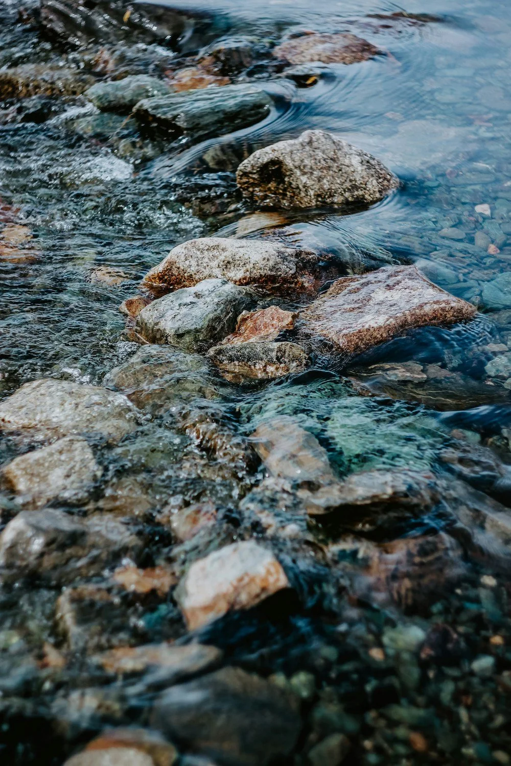 Shallow stream moving slowly over smooth stones, symbolizing grounding and regulation